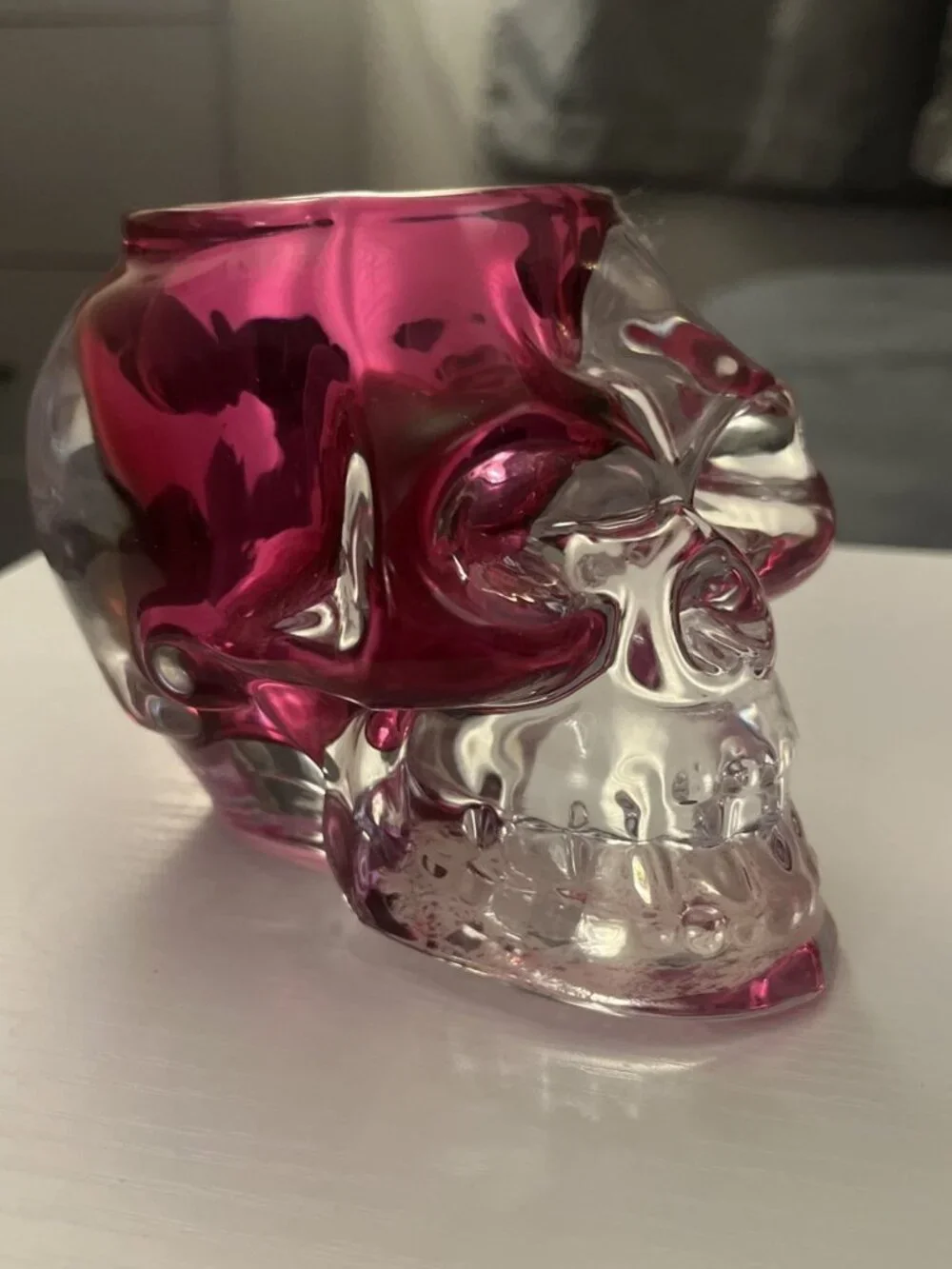 Pink & Clear Art Glass Skull Tealight Candle Holder Halloween 4” Tall
